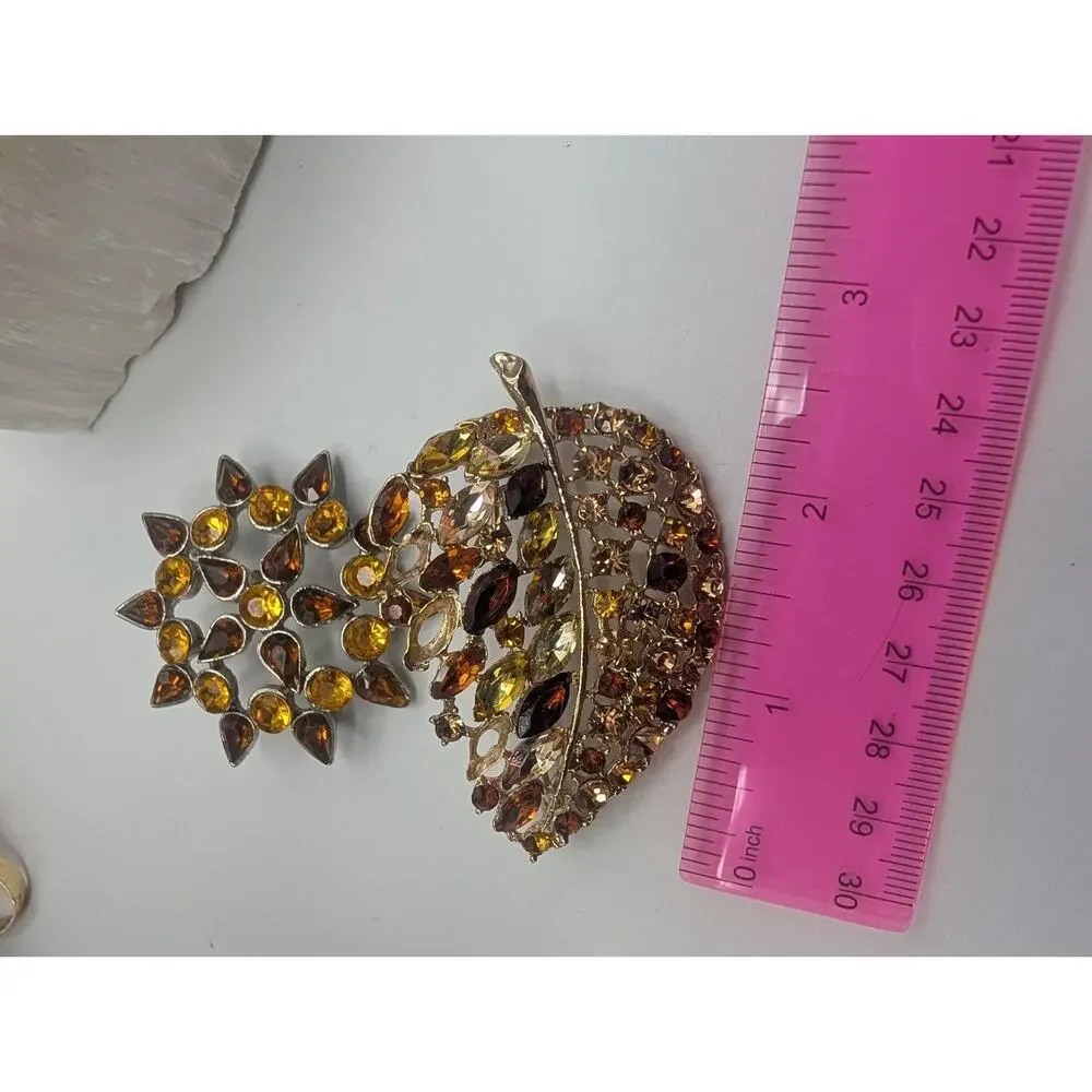 Vintage Style Rhinestone Brooch Pin Lot Leaf & Starburst Autumn Tones